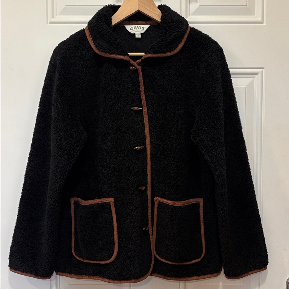 Orvis Toggle-Button Black Sherpa Fleece Jacket Size M - Picture 2 of 15
